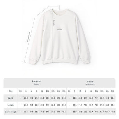 Übersichtliche Größentabelle für das Unisex Sweatshirt mit genauen Zentimeterangaben für verschiedene Konfektionsgrößen.