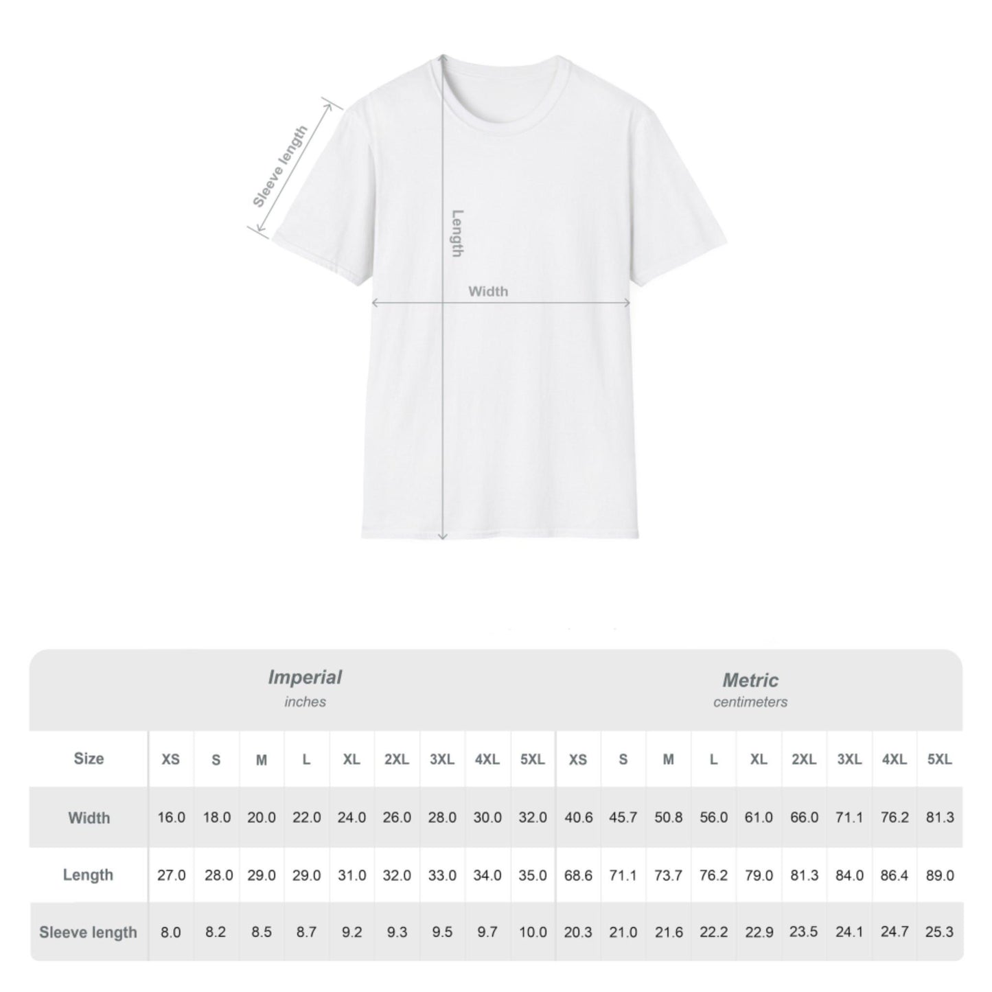 Übersichtliche Größentabelle für das Unisex Feuerwehr-Einsatzshirt mit exakten Zentimeterangaben für Brustbreite und Gesamtlänge.