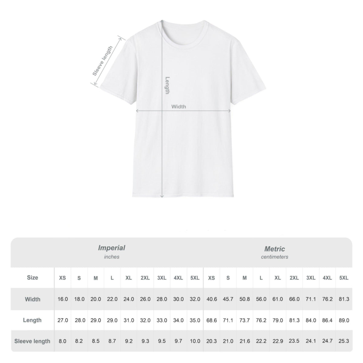 Übersichtliche Größentabelle für das Unisex Feuerwehr-Einsatzshirt mit exakten Zentimeterangaben für Brustbreite und Gesamtlänge.