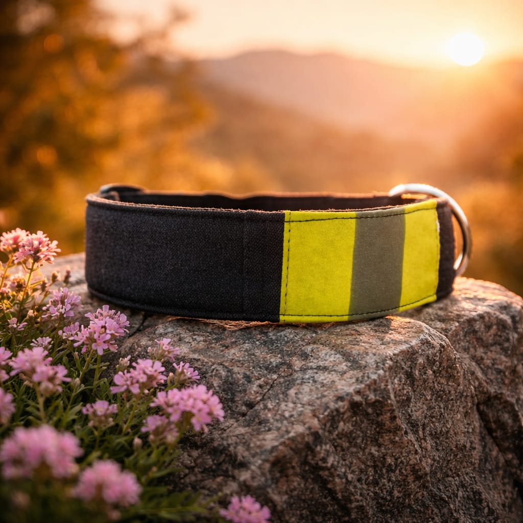 Robustes Feuerwehr Hundehalsband aus dunkelblauer Einsatzkleidung mit gelb-silbernem Reflexstreifen liegt auf einem Stein im Sonnenuntergang.