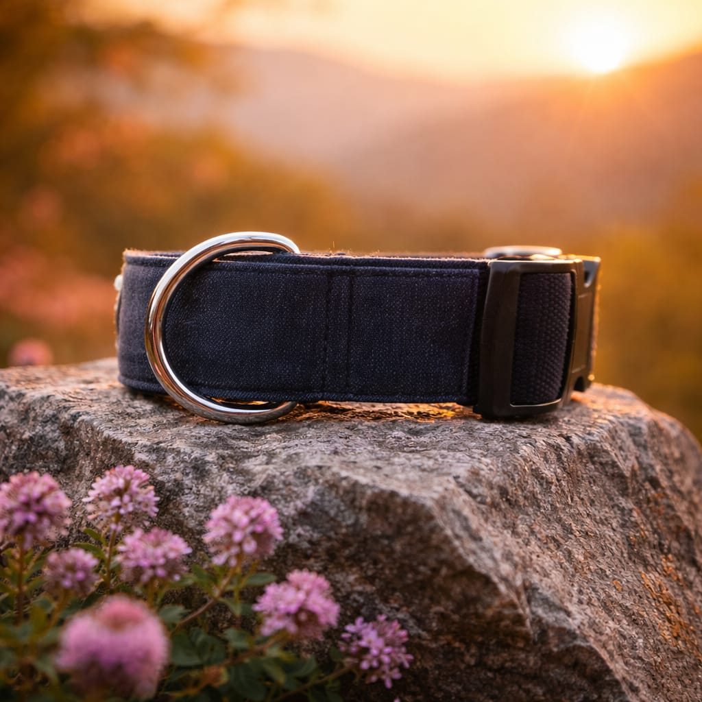 Dunkelblaues Feuerwehr-Halsband mit Fokus auf den stabilen D-Ring aus Metall, platziert in einer herbstlichen Berglandschaft.