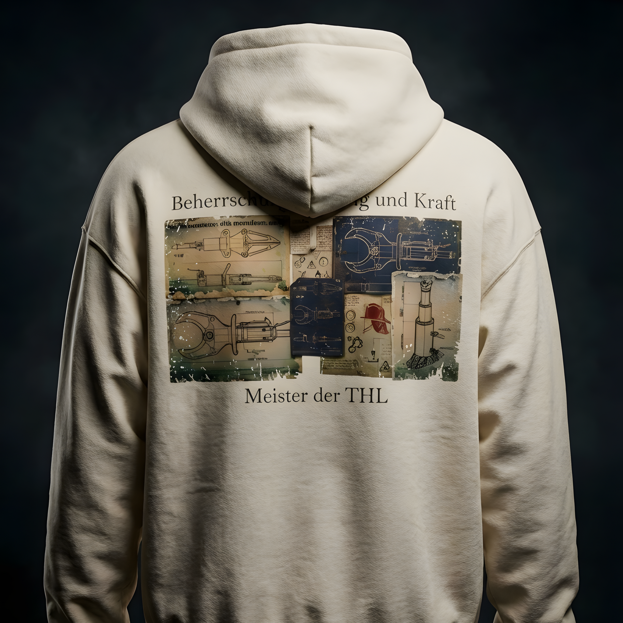 Rückansicht eines sandfarbenen Feuerwehr-Hoodies mit technischem Blaupausen-Rückenprint von Rettungsschere und Spreizer sowie dem Schriftzug Meister der THL.
