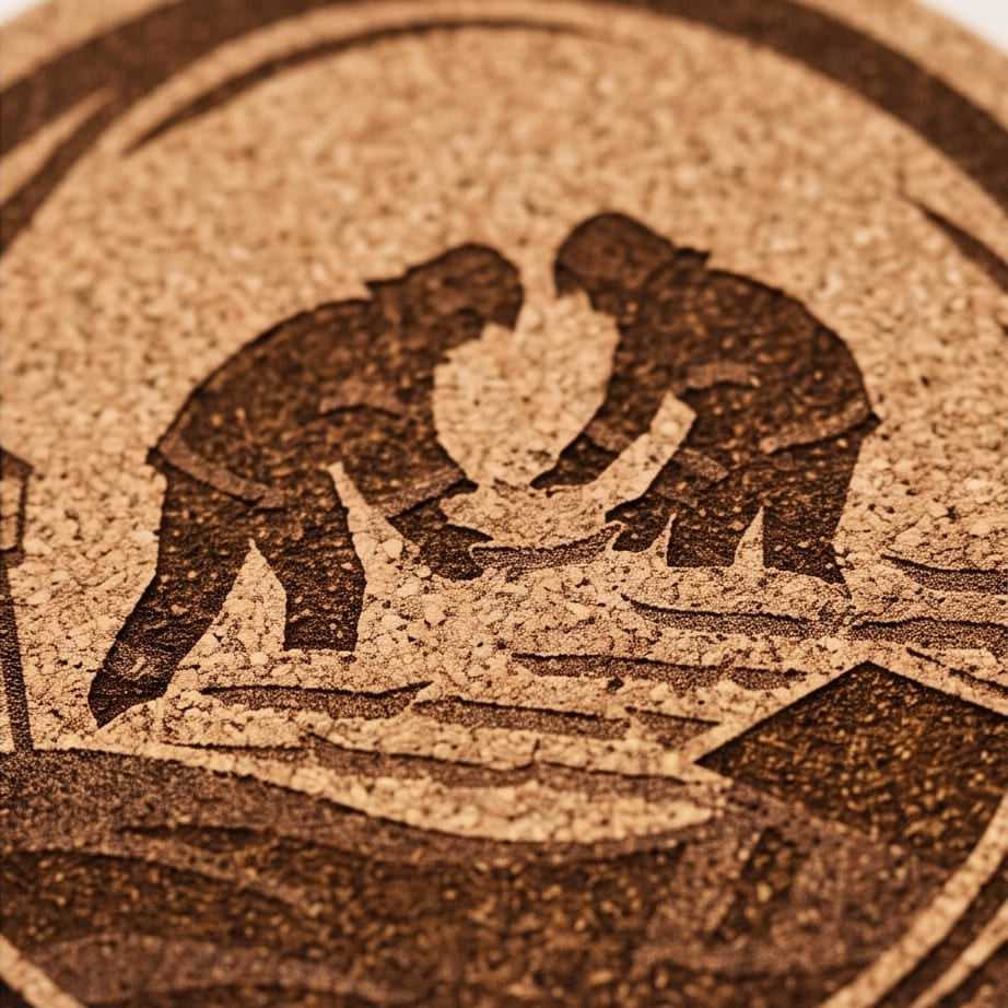 Ein einzelner, runder Korkuntersetzer freigestellt vor weißem Hintergrund. Die präzise dunkle Lasergravur zeigt das detaillierte Motiv von zwei Feuerwehrleuten im Hochwasser-Einsatz.
