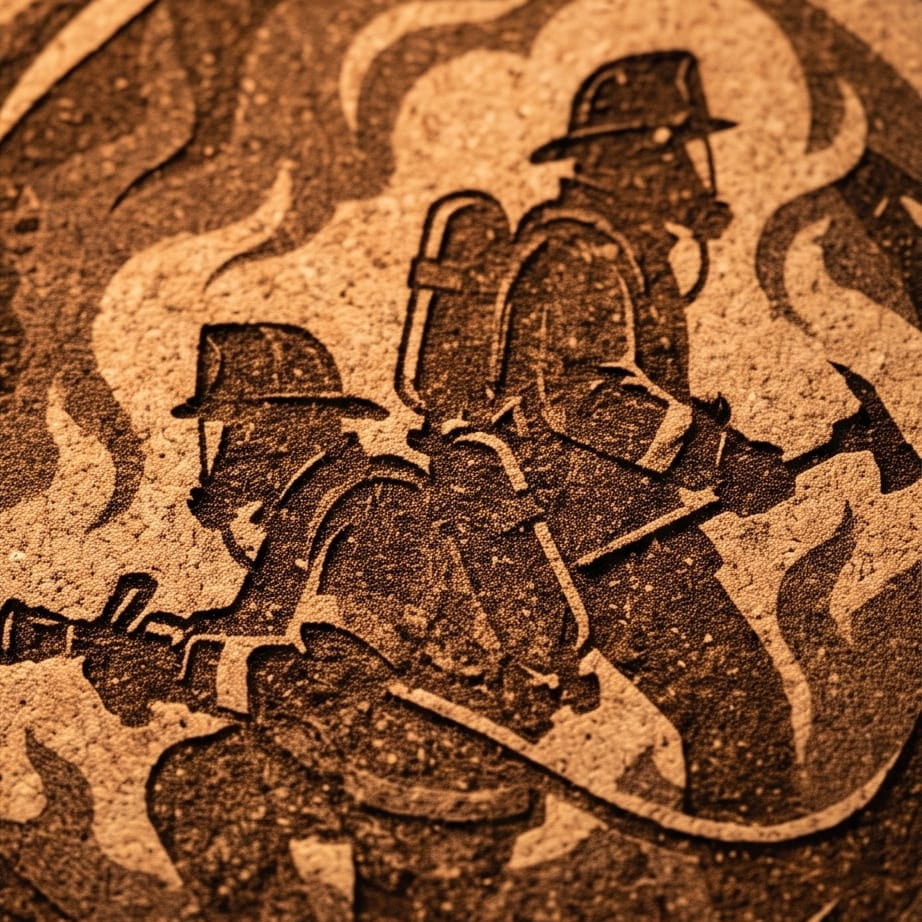 Ein einzelner, runder Korkuntersetzer vor weißem Hintergrund mit einer präzisen Lasergravur, die zwei Feuerwehrleute im Atemschutzeinsatz mit Löschschlauch und Brandaxt inmitten von Flammen und Rauch zeigt.
