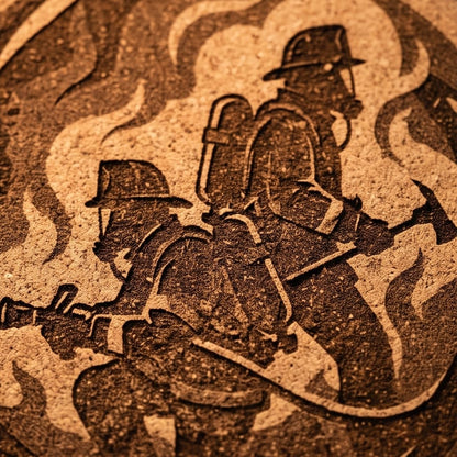 Ein einzelner, runder Korkuntersetzer vor weißem Hintergrund mit einer präzisen Lasergravur, die zwei Feuerwehrleute im Atemschutzeinsatz mit Löschschlauch und Brandaxt inmitten von Flammen und Rauch zeigt.
