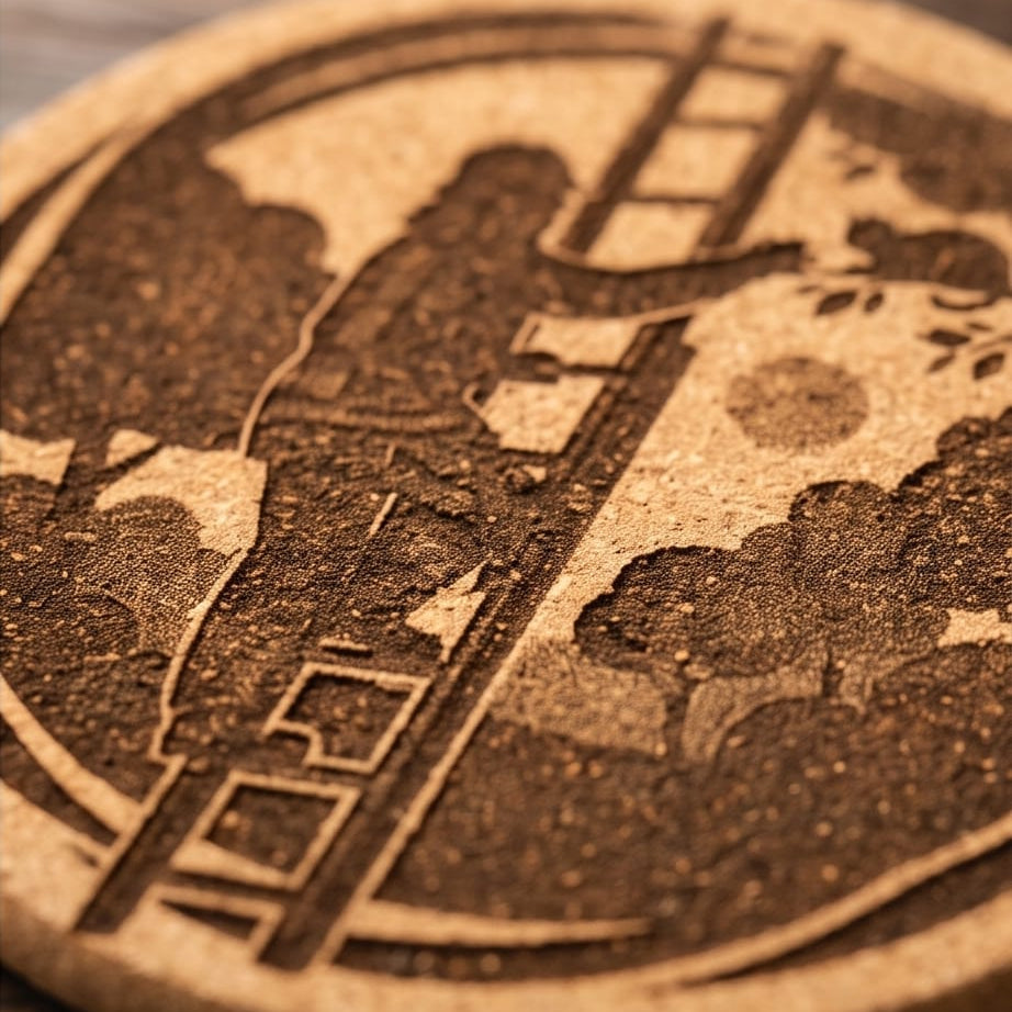 Ein einzelner, runder Korkuntersetzer vor weißem Hintergrund mit einer detailreichen Lasergravur, die einen Feuerwehrmann auf einer Leiter zeigt, der eine Katze von einem Baum rettet.
