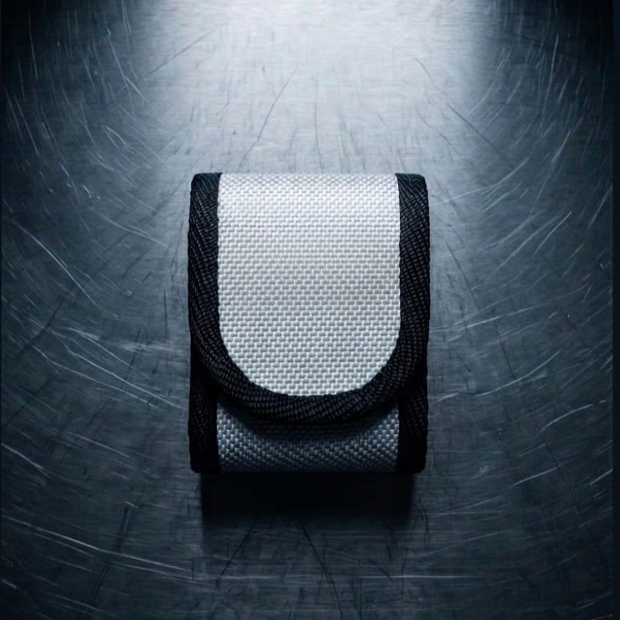 "Weiße Upcycling Meldertasche für Swissphone s.QUAD aus Feuerwehrschlauch mit schwarzer Gurtband-Einfassung – schlichte Variante ohne Print auf Metalluntergrund"