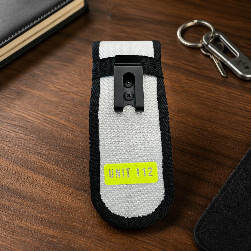 "Frontansicht der Upcycling Meldertasche für Swissphone s.QUAD aus weißem Feuerwehrschlauch mit neongelben UNIT 112 Print und mattschwarzen Metallclip auf Holzuntergrund"