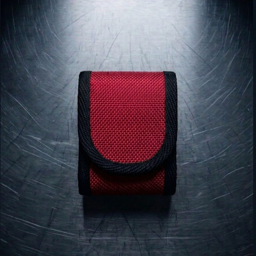 "Rote Upcycling Meldertasche für Swissphone s.QUAD aus Feuerwehrschlauch mit schwarzer Gurtband-Einfassung – Frontansicht auf Metalluntergrund"