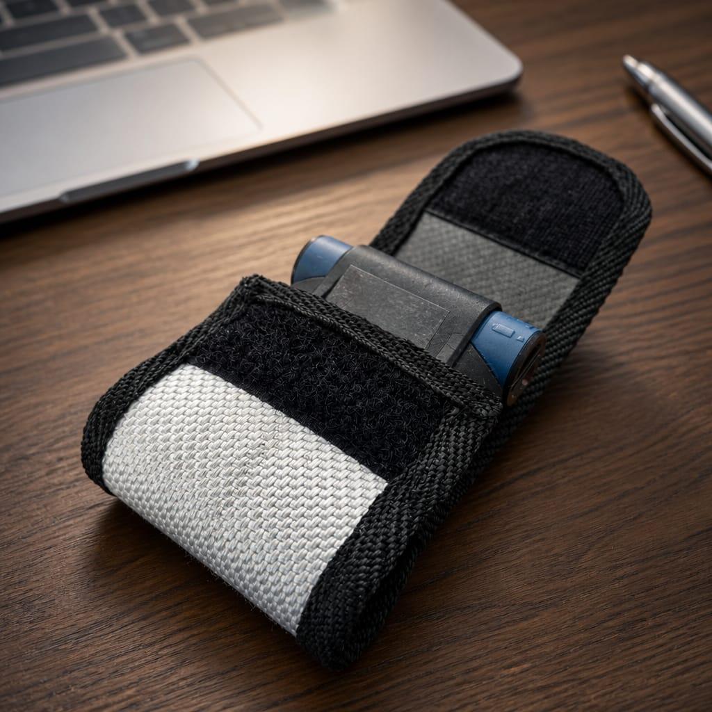 "Geöffnete Upcycling Meldertasche aus weißem Feuerwehrschlauch mit eingelegtem Swissphone s.QUAD Funkmeldeempfänger – Passform-Demonstration auf Holzuntergrund"