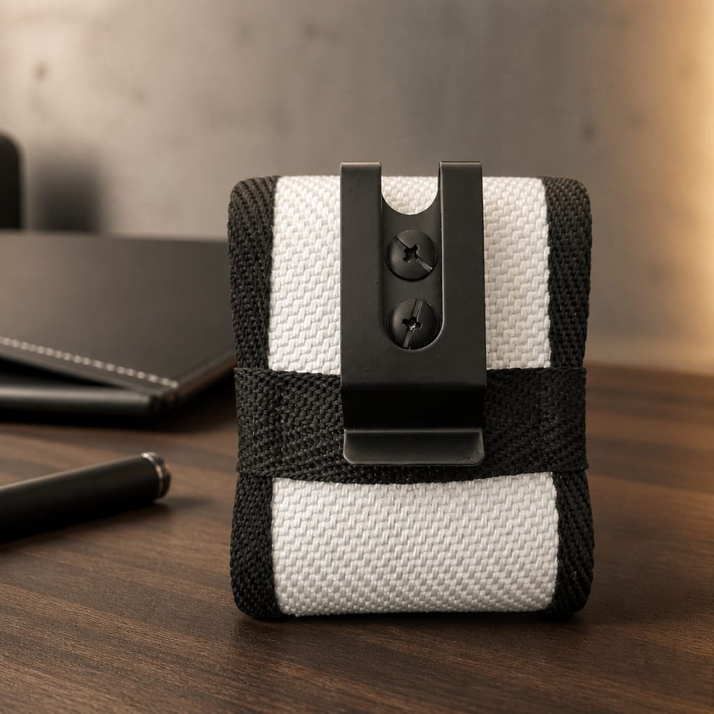 "Rückseite der Upcycling Meldertasche für Swissphone s.QUAD aus weißem Feuerwehrschlauch – mattschwarzer Metallclip mit Buchschrauben für sicheren Halt am Koppel"