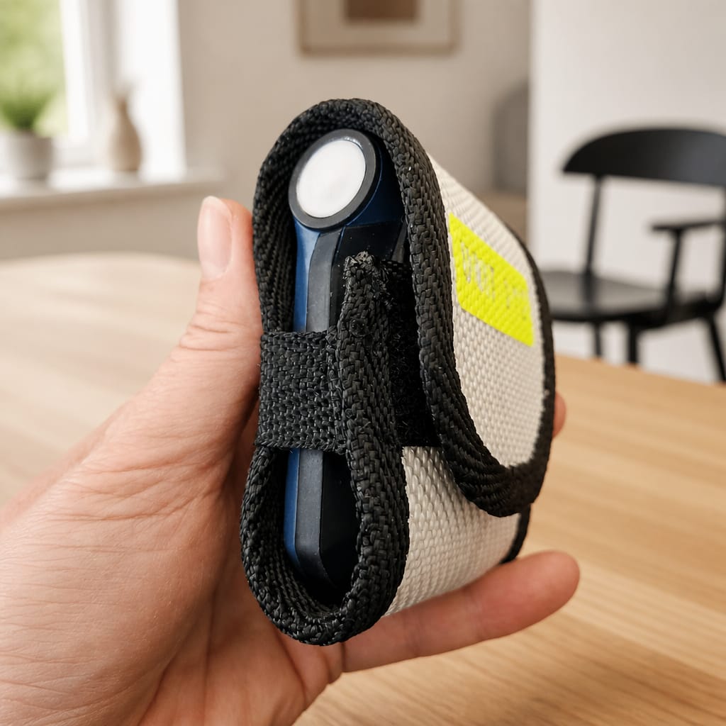 "Seitenansicht der aufgeklappten Upcycling Meldertasche für Swissphone s.QUAD aus weißem Feuerwehrschlauch – Außenansicht mit Klettverschluss und schwarzer Gurtband-Einfassung"

