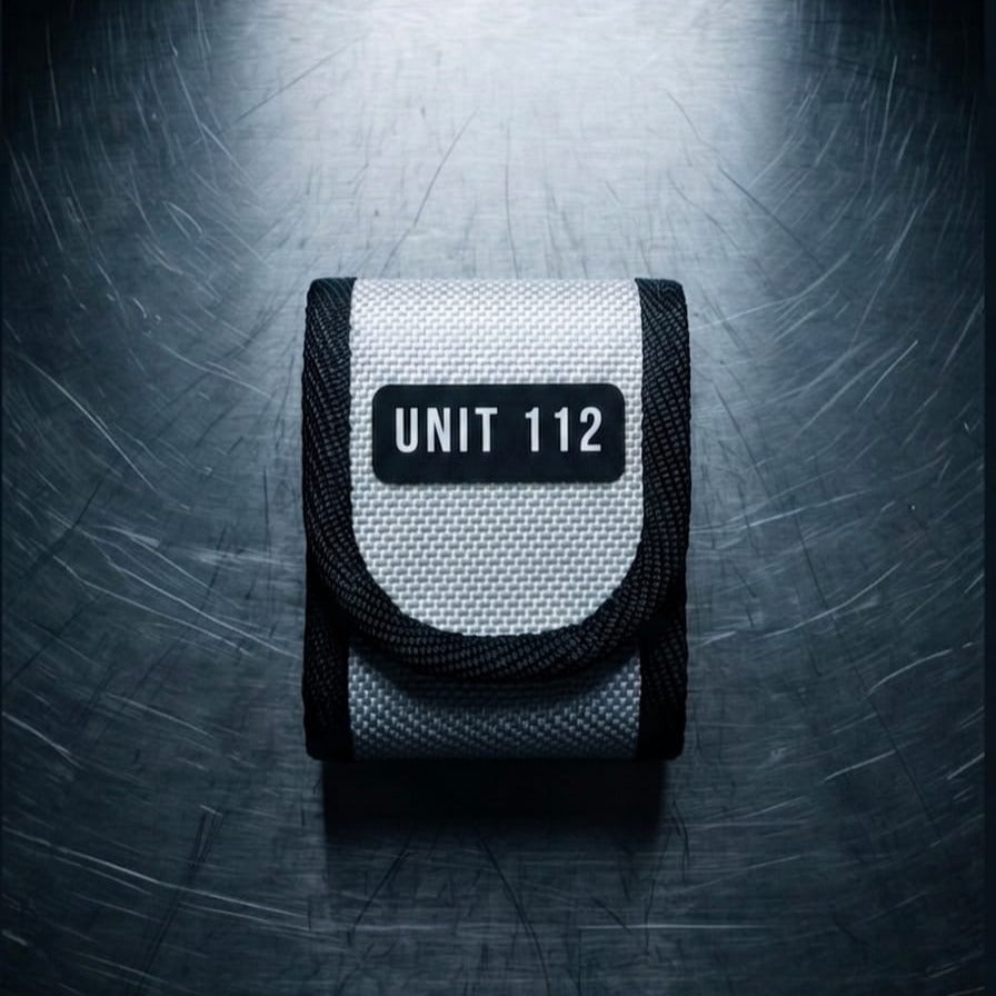 "Upcycling Meldertasche für Swissphone s.QUAD aus weißem Feuerwehrschlauch mit schwarzem UNIT 112 Print und schwarzer Gurtband-Einfassung – Frontansicht auf Metalluntergrund"