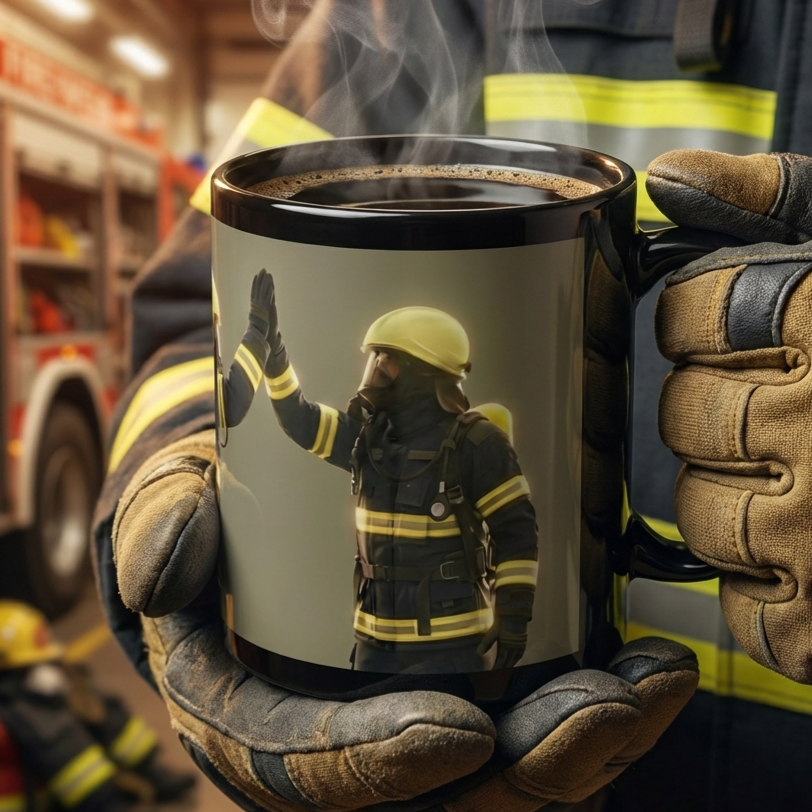 Feuerwehr Kaffeebecher Highfive-Motiv – Trupppartner in dunkler Einsatzbekleidung mit gelbem Helm
