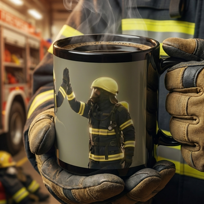 Feuerwehr Kaffeebecher Highfive-Motiv – Trupppartner in dunkler Einsatzbekleidung mit gelbem Helm
