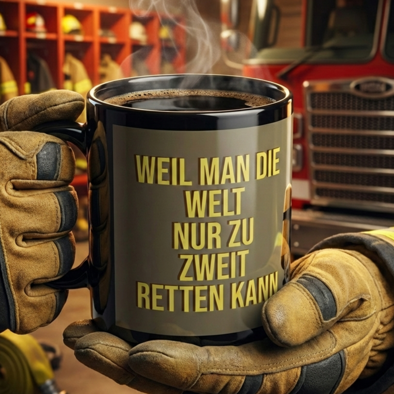 Feuerwehr Tasse Seitenansicht – Spruch Weil man die Welt nur zu zweit retten kann
