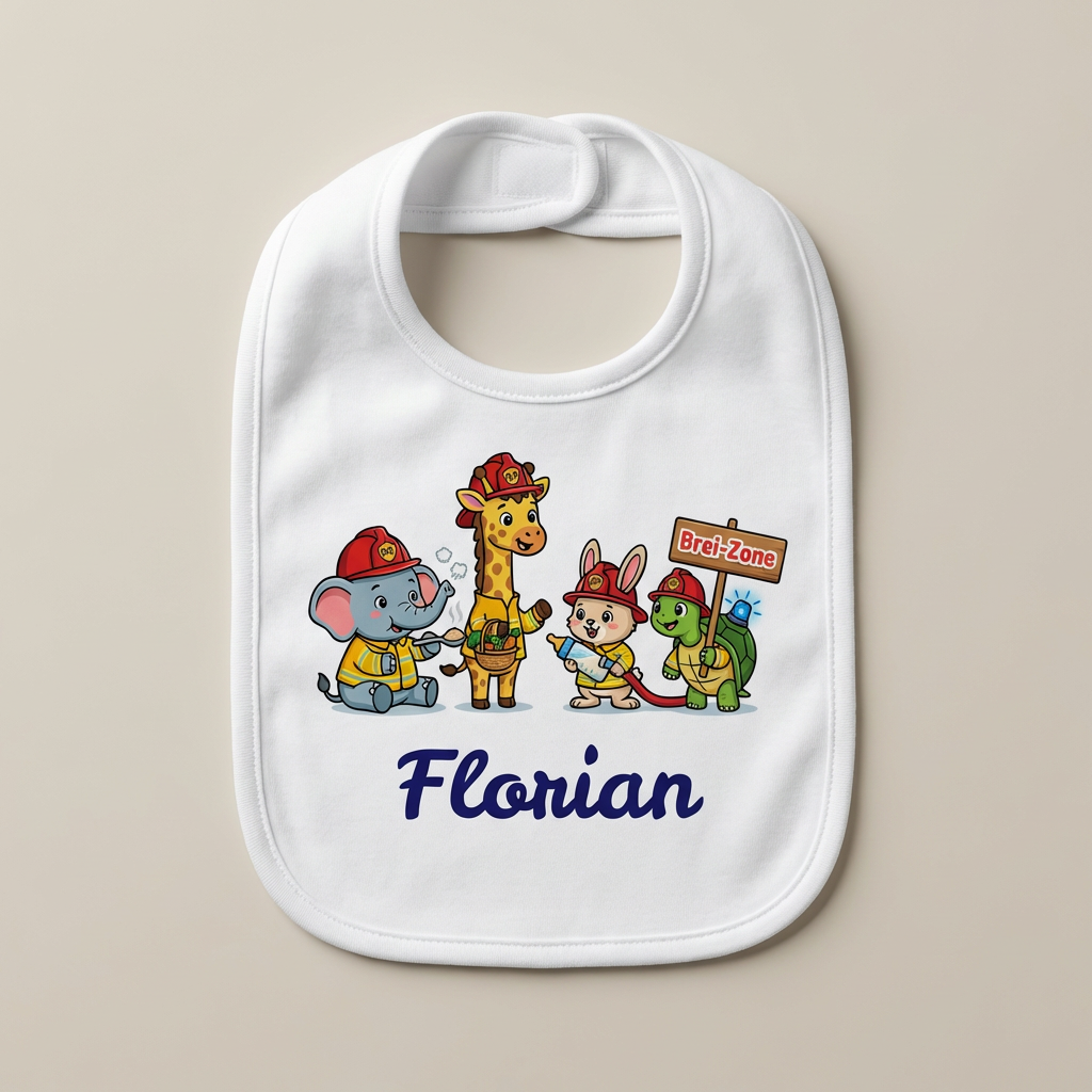 Freigestelltes weißes Baby-Lätzchen mit Klettverschluss, Feuerwehr-Brustprint und dem Wunschnamen Florian in kräftigem Blau.