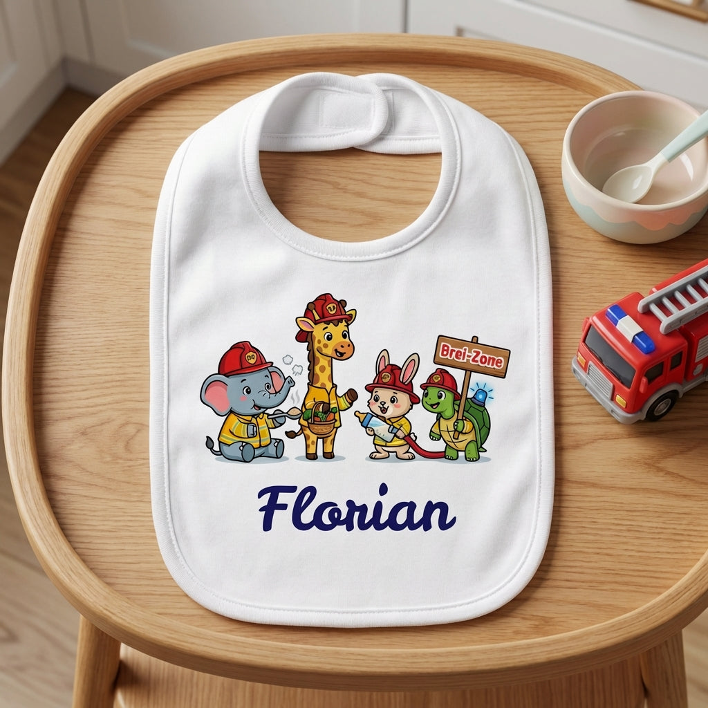 Personalisiertes Feuerwehr-Baby-Lätzchen mit blauem Namensaufdruck liegt dekorativ auf einem hölzernen Kinderstuhl.