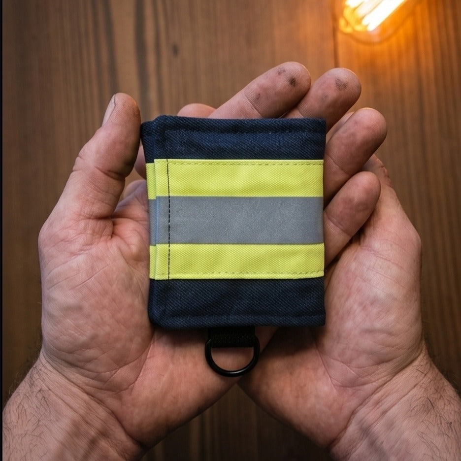 "Feuerwehr Mini-Notfall-Tasche dunkelblau mit gelbem Reflexstreifen – in zwei Händen gehalten, Größenvergleich"

