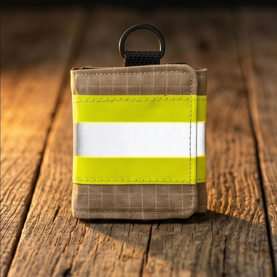 "Feuerwehr Mini-Notfall-Tasche sandfarben kariert mit neongelb-silbernem Reflexstreifen – stehend auf Holzuntergrund, schwarzer D-Ring oben"

