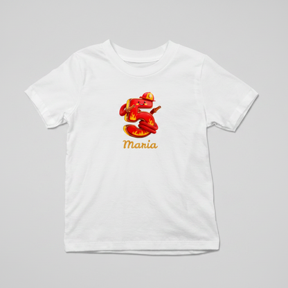 Produktfoto Shirt Zahl 5 Feuerwehr Geburtstagsshirt Zahl 5 – Frontansicht weiß mit Flammen-Motiv und personalisiertem Namen