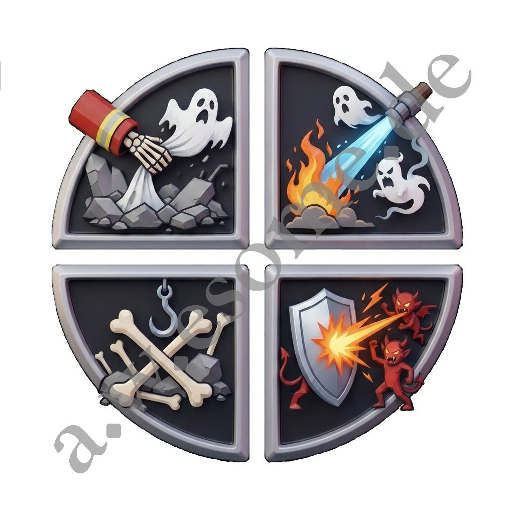 Detailansicht des runden Halloween-Logos mit vier Feuerwehr-Motiven wie Geistern beim Innenangriff und Knochen als Werkzeug.