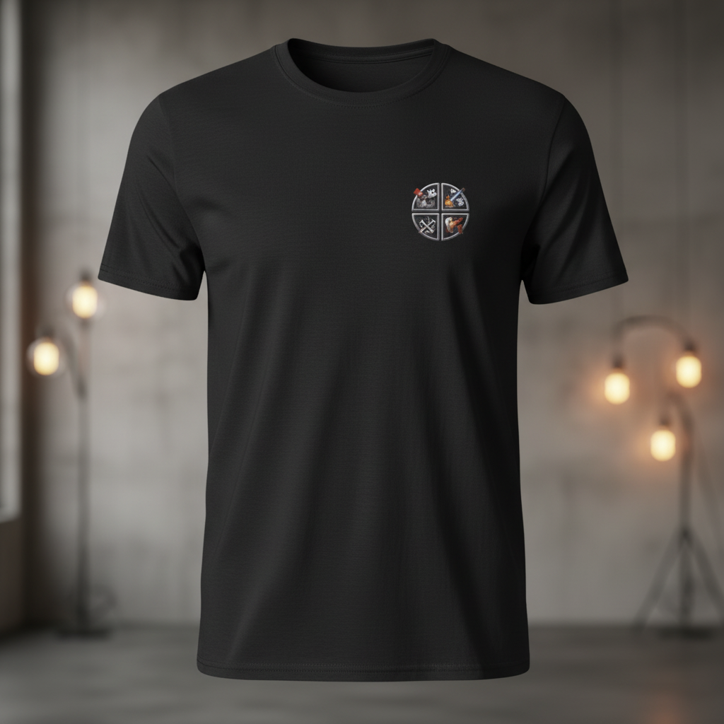 Vorderansicht eines schwarzen Unisex T-Shirts mit rundem Halloween-Feuerwehr-Insider-Print auf der linken Brust.