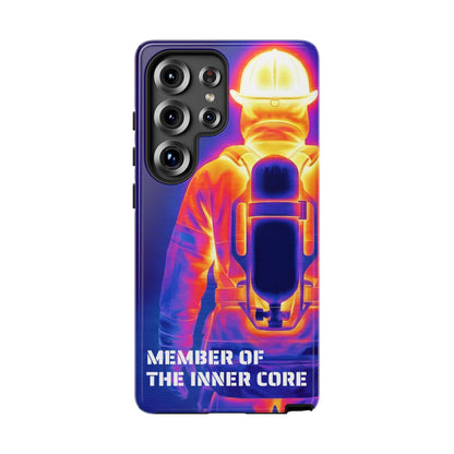 Eckiges Samsung Galaxy Ultra Tough Case im Feuerwehr-Design mit markanter Atemschutzgeräteträger-Silhouette.