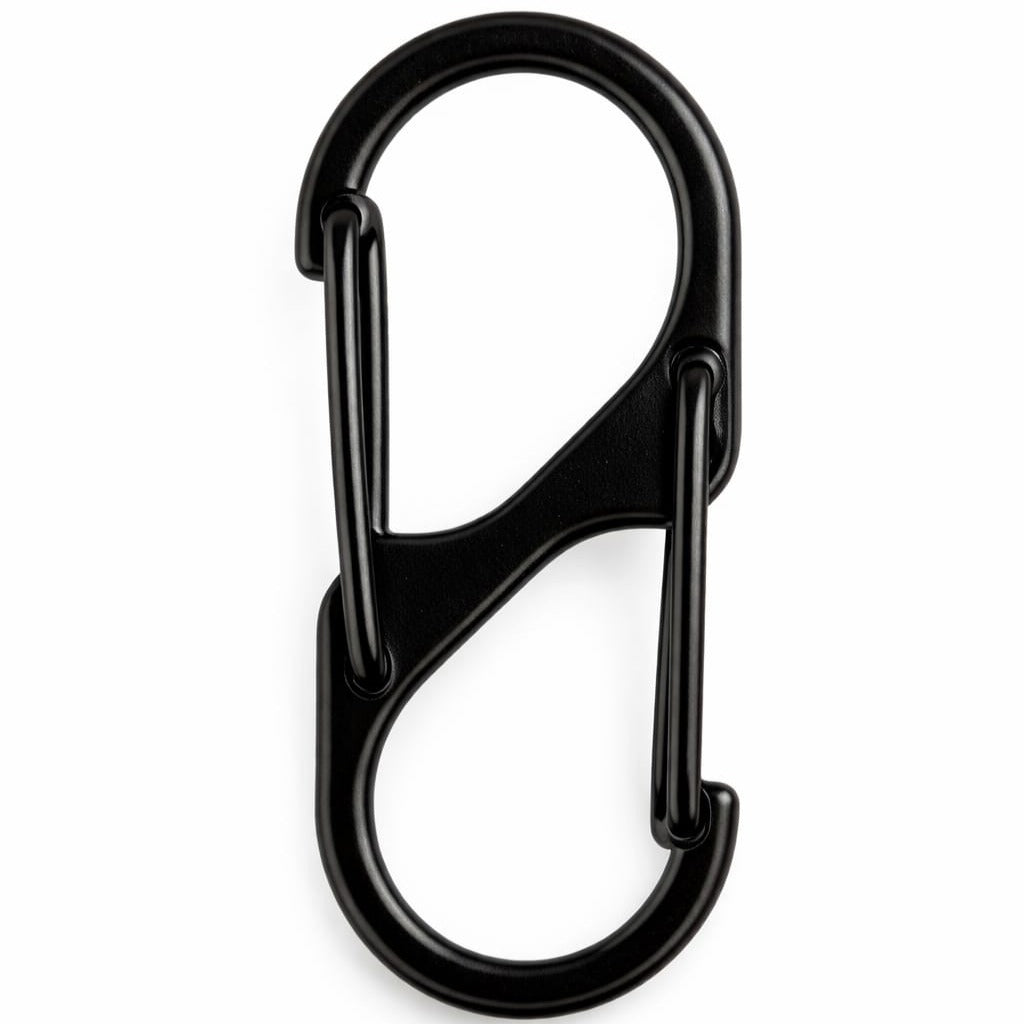 "Mattschwarzer S-Karabiner aus Metall mit zwei Drahtbügel-Verschlüssen – im Lieferumfang des Miniatur-Rettungsspreizer-Schlüsselanhängers 'Hydraulik Künstler' enthalten"