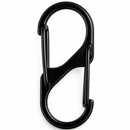 "Mattschwarzer S-Karabiner aus Metall mit zwei Drahtbügel-Verschlüssen – im Lieferumfang des Miniatur-Rettungsspreizer-Schlüsselanhängers 'Hydraulik Künstler' enthalten"