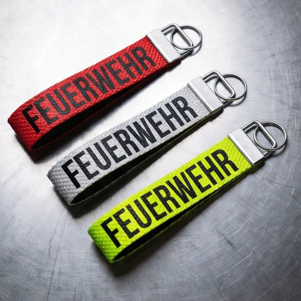 "Neongelber, weißer und roter Feuerwehr-Schlüsselanhänger aus robustem Feuerwehrschlauch mit schwarzem FEUERWEHR-Schriftzug und silbernem Schlüsselring – Freisteller"