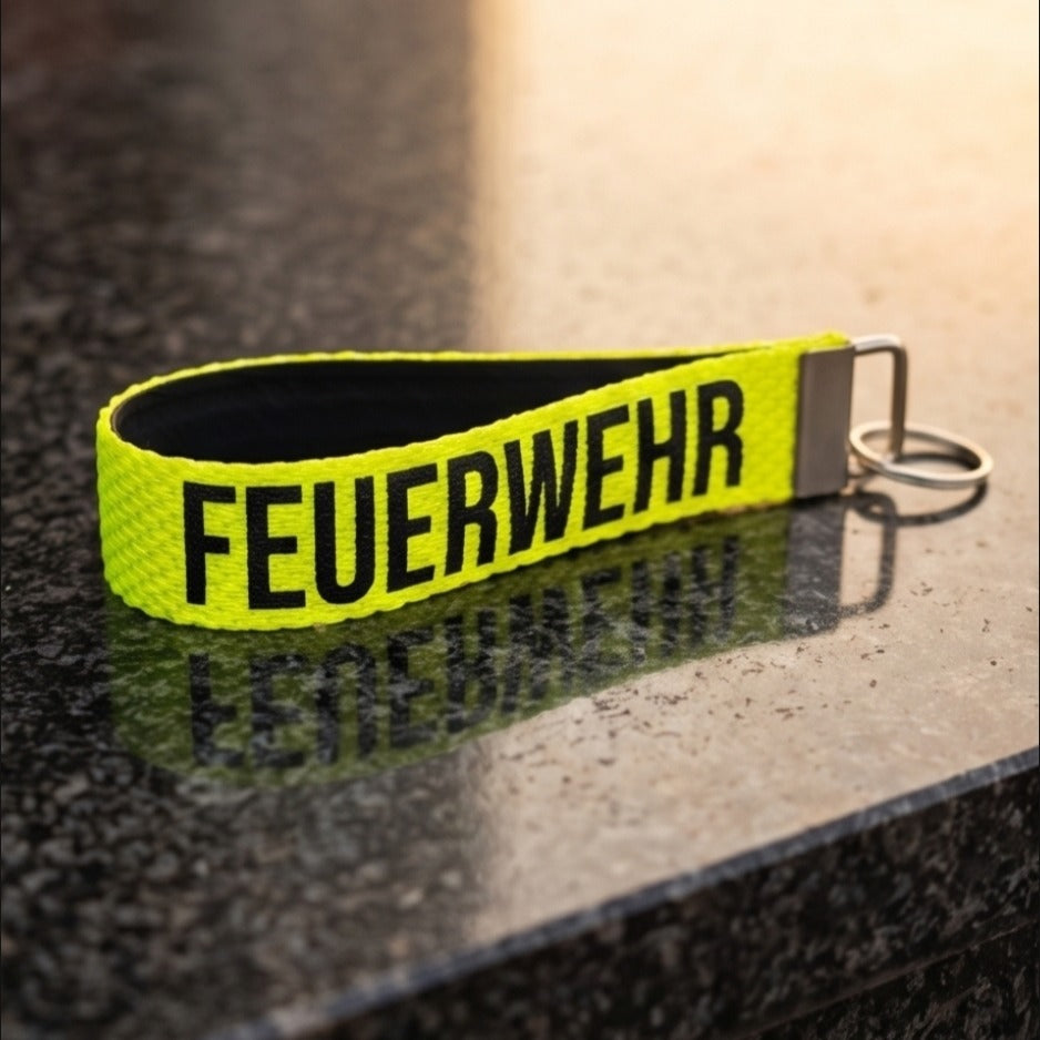 "Neongelber Feuerwehr-Schlüsselanhänger aus robustem Feuerwehrschlauch mit schwarzem FEUERWEHR-Schriftzug und silbernem Schlüsselring – Freisteller"
