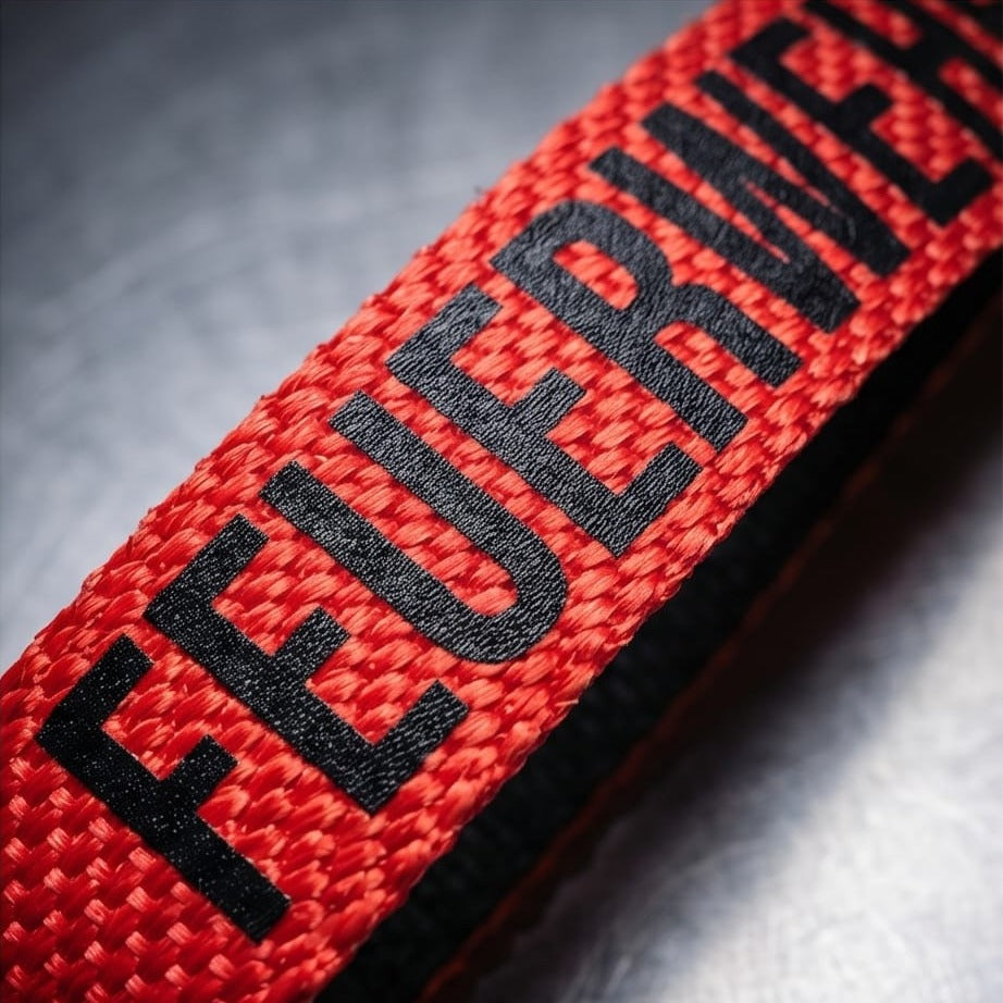 "Detailaufnahme der reißfesten roten Feuerwehrschlauch-Gewebestruktur mit markanter schwarzer FEUERWEHR-Aufschrift – Nahaufnahme des Upcycling-Materials"
