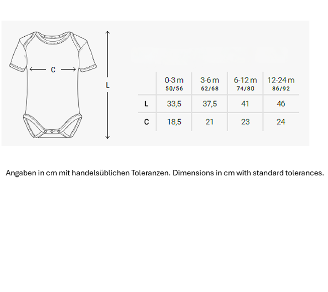 Übersichtliche Größentabelle für den Baby-Kurzarmbody mit exakten Maßangaben in Zentimetern für verschiedene Monate.