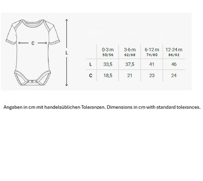 Übersichtliche Größentabelle für den Baby-Kurzarmbody mit exakten Maßangaben in Zentimetern für verschiedene Monate.