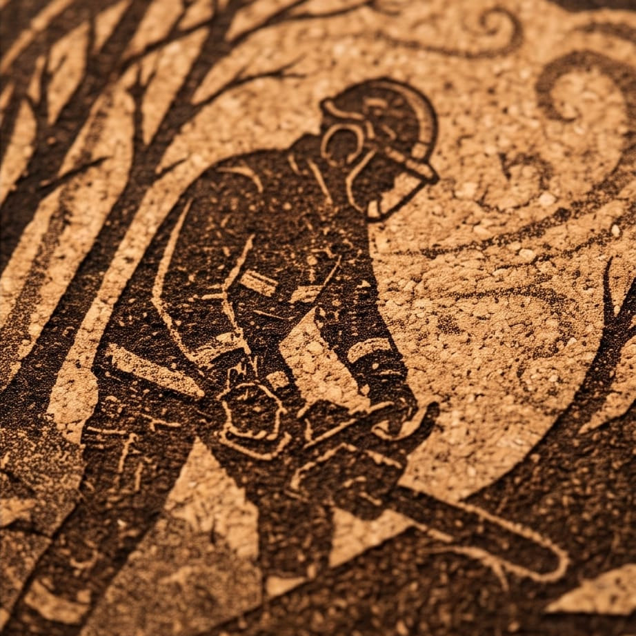 Ein einzelner, runder Korkuntersetzer vor weißem Hintergrund mit einer Lasergravur, die einen Feuerwehrmann in Schutzkleidung beim Kettensägeneinsatz zum Beseitigen eines umgestürzten Baumstamms im Wald zeigt.
