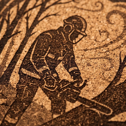 Ein einzelner, runder Korkuntersetzer vor weißem Hintergrund mit einer Lasergravur, die einen Feuerwehrmann in Schutzkleidung beim Kettensägeneinsatz zum Beseitigen eines umgestürzten Baumstamms im Wald zeigt.
