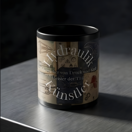 Schwarze Feuerwehr Tasse mit dem Vintage-Blaupausen-Design Hydraulik Künstler steht auf einer metallischen Oberfläche.