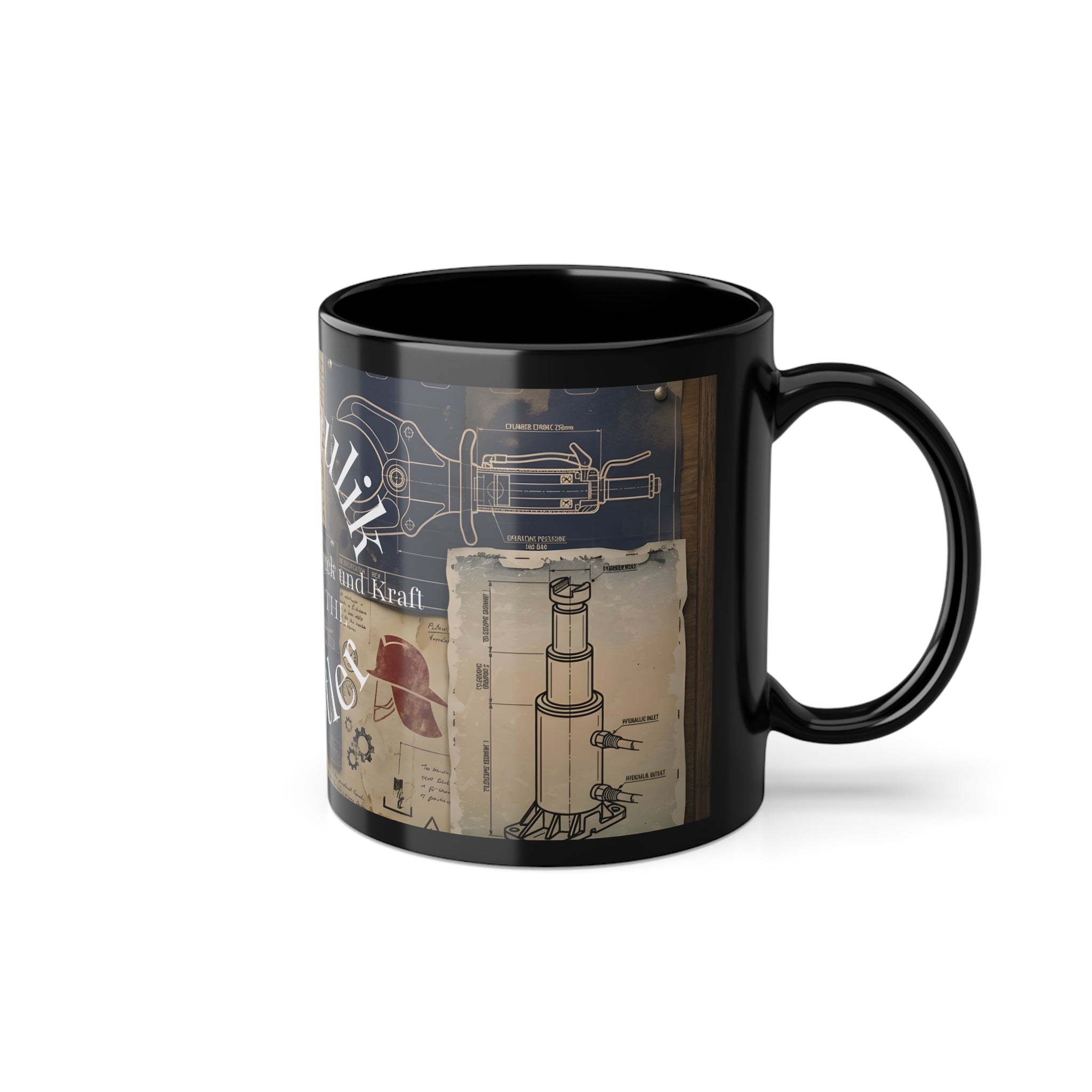 Studioaufnahme der rechten Seite der Kaffeetasse für Feuerwehrleute mit historischen Patentzeichnungen im Vintage-Stil.