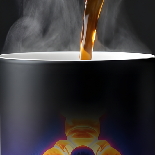 Nahaufnahme einer schwarzen Kaffeetasse, bei der sich durch das Eingießen von heißem Kaffee das Infrarot-Feuerwehrmotiv enthüllt.