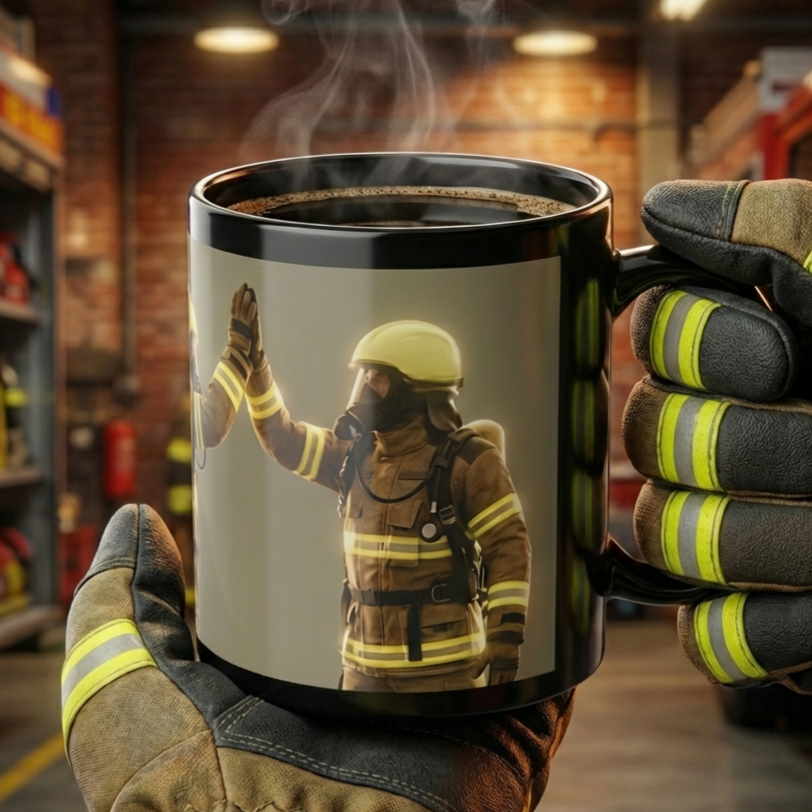 Eine schwarze Tasse aus Keramik. Glänzendes Finish. Abgebildet sind zwei Feuerwehrmänner unter Atemschutz. Text: Weil man die Welt nur zu zweit retten kann.