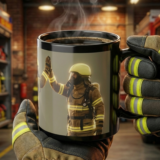 Eine schwarze Tasse aus Keramik. Glänzendes Finish. Abgebildet sind zwei Feuerwehrmänner unter Atemschutz. Text: Weil man die Welt nur zu zweit retten kann.