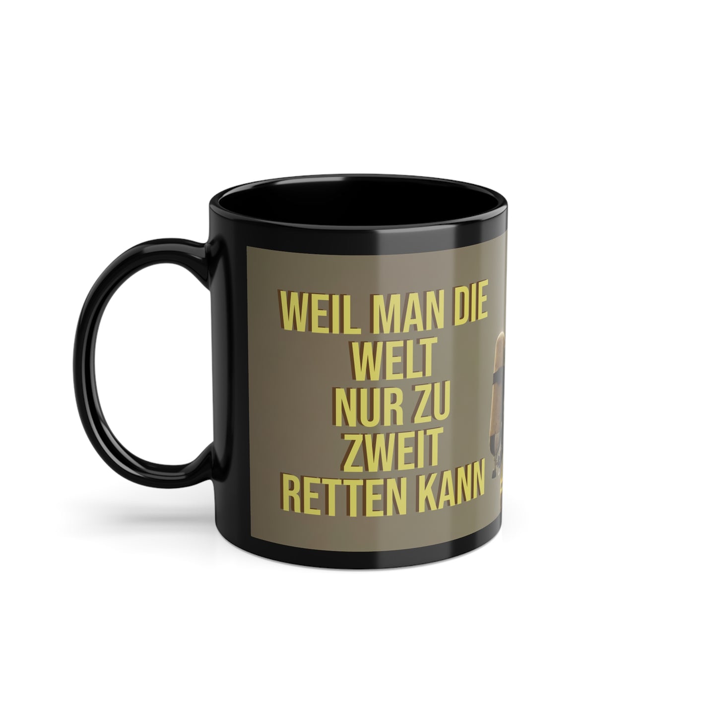 Eine schwarze Tasse aus Keramik. Glänzendes Finish. Abgebildet sind zwei Feuerwehrmänner unter Atemschutz. Text: Weil man die Welt nur zu zweit retten kann.