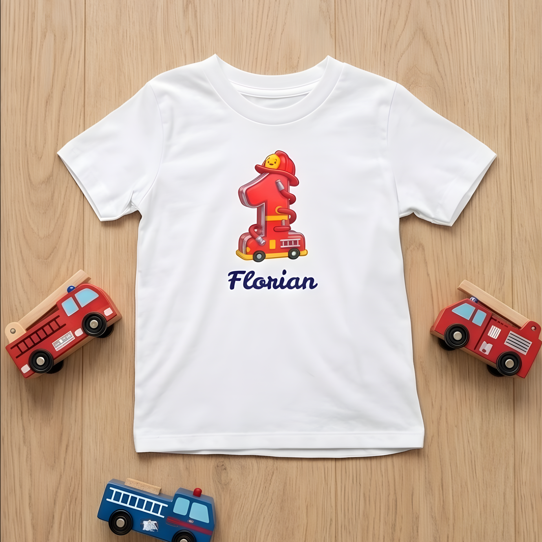 Weißes Feuerwehr Geburtstagsshirt mit der Zahl 1 im Flammen-Design und dem personalisierten Namen Florian in Blau.