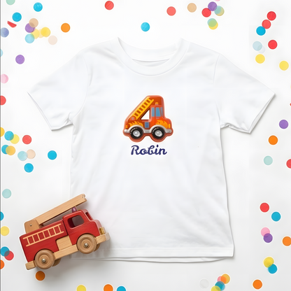 Shirt Zahl 4 (Konfetti) Feuerwehr Geburtstagsshirt Zahl 4 – Frontansicht weiß mit Konfetti-Hintergrund und personalisiertem Namen