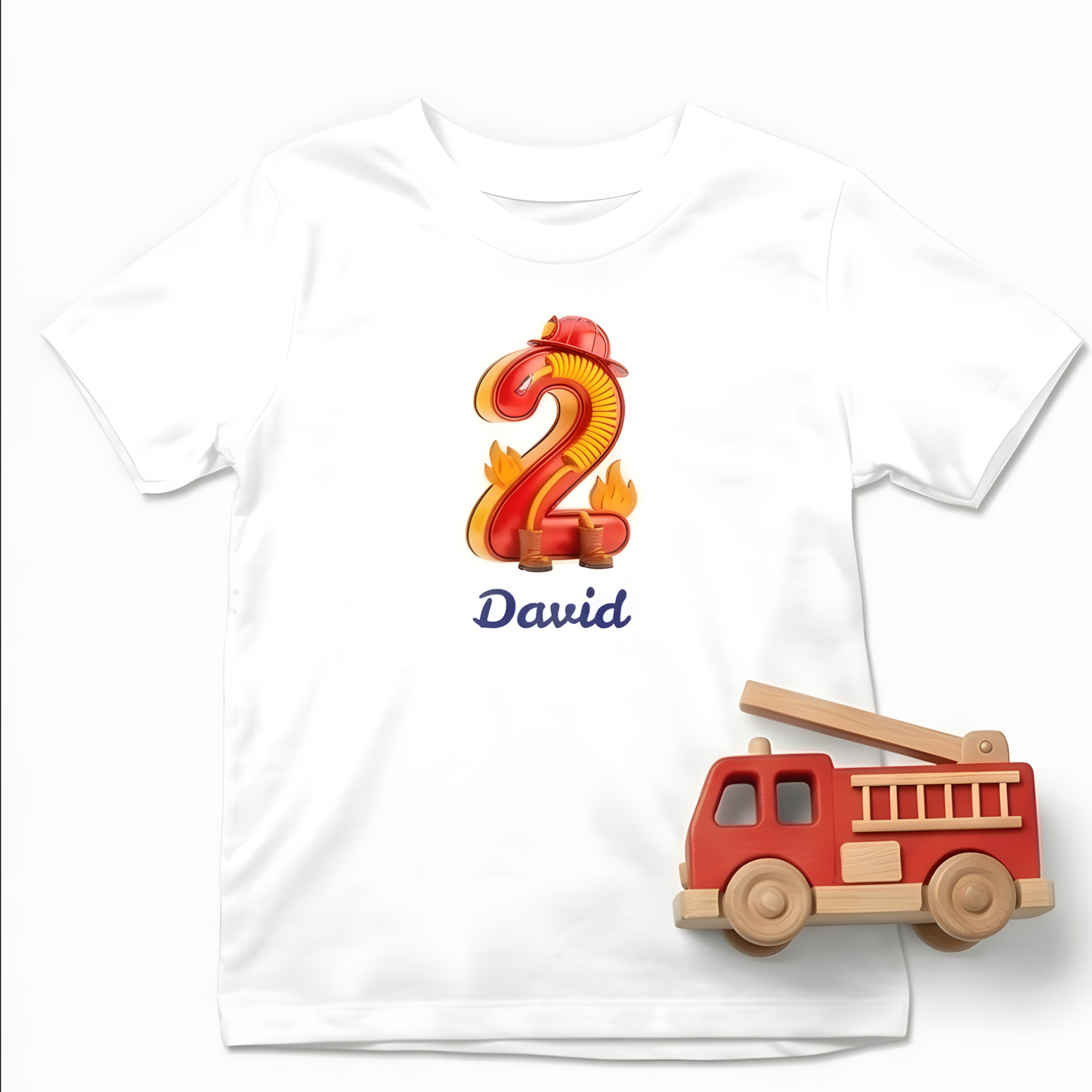 Weißes T-Shirt für den 2. Geburtstag mit Feuerwehr-Zahl und dem Namen David neben einem Spielzeug-Feuerwehrauto.