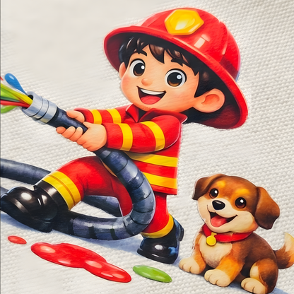 Detail des Aufdrucks auf dem Etui mit einem glücklichen Comic-Feuerwehrjungen, einem kleinen Hund und bunten Farbspritzern.