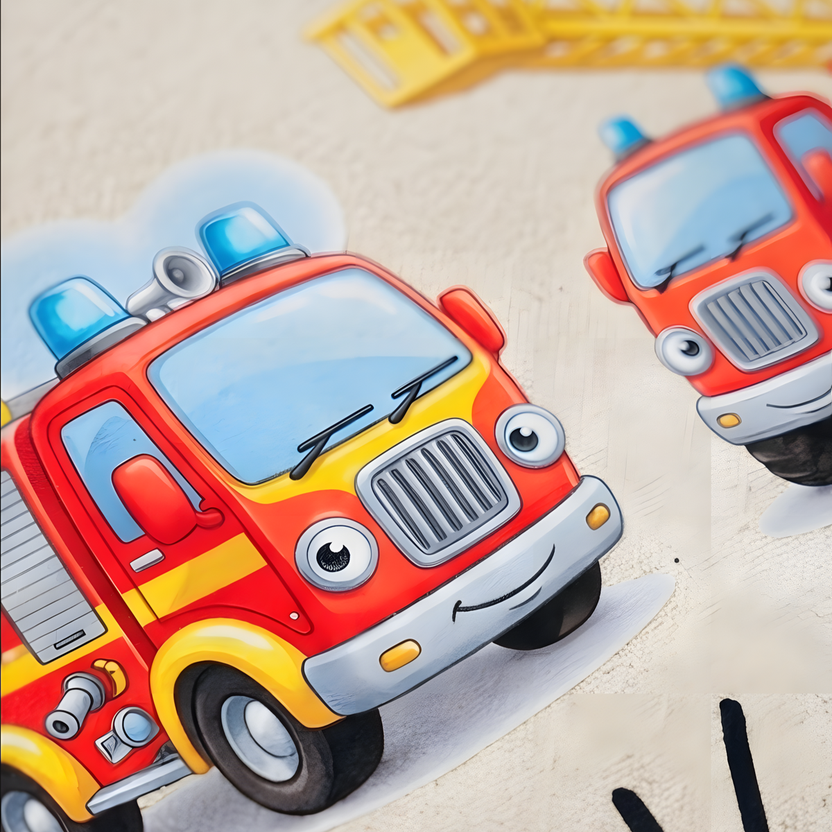 Detailansicht des hochwertigen und farbintensiven DTF-Drucks mit zwei fröhlichen roten Comic-Feuerwehrfahrzeugen.