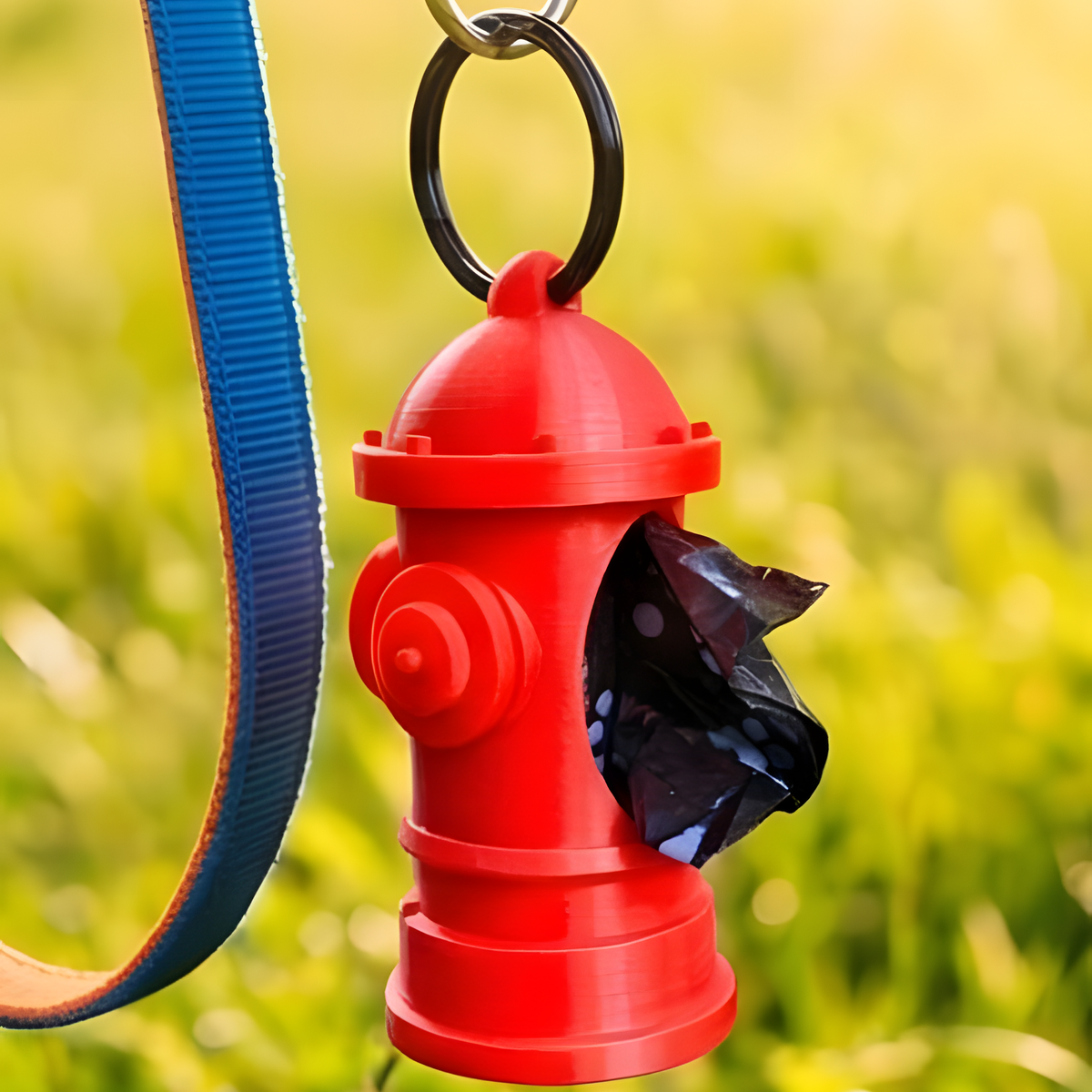 Kleiner roter Hydranten-Kotbeutelspender mit Schlüsselring befestigt an einer blauen Hundeleine auf einer Wiese.