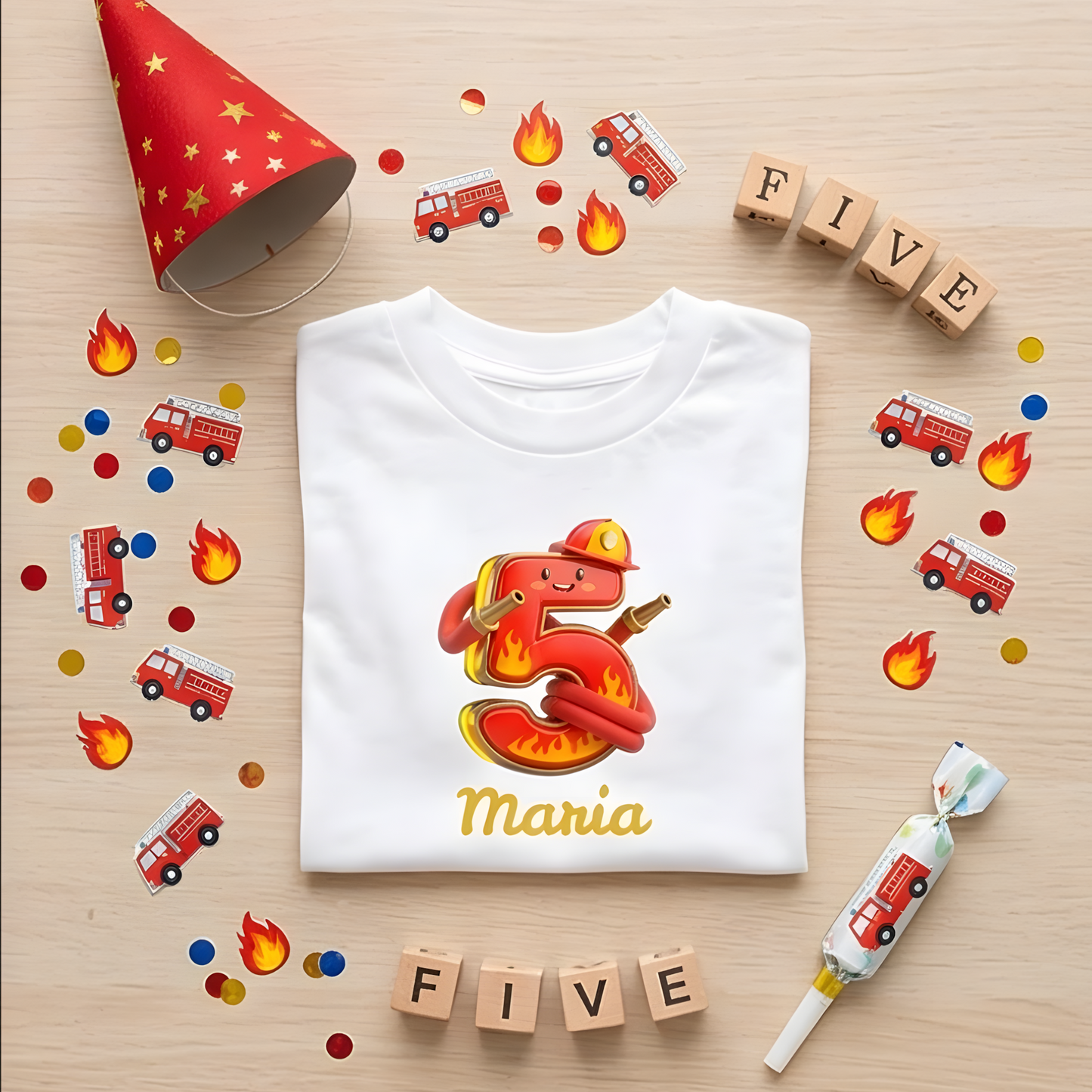 Gefaltetes Feuerwehr-Geburtstagsshirt für den 5. Geburtstag mit dem Namen Maria, umgeben von Party-Konfetti und Holzwürfeln.